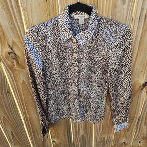 Leopard Pleated Smocked Button Down Collared Blouse Women's Small Plisse